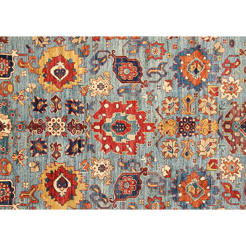 Hand Knotted Wool Oriental Area Rug in Blue/Rust/Light Blue/Yellow