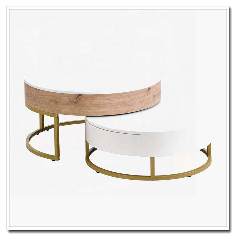Tables basses gigognes rondes avec 2 tiroirs, Bois de chêne naturel / blanc antique
