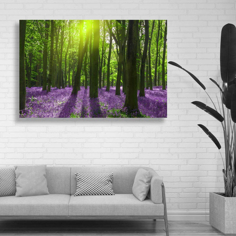 Paysage naturel «Sunshine In The Forest With Purple Flowers» sur toile, H 24 po x l 36 po