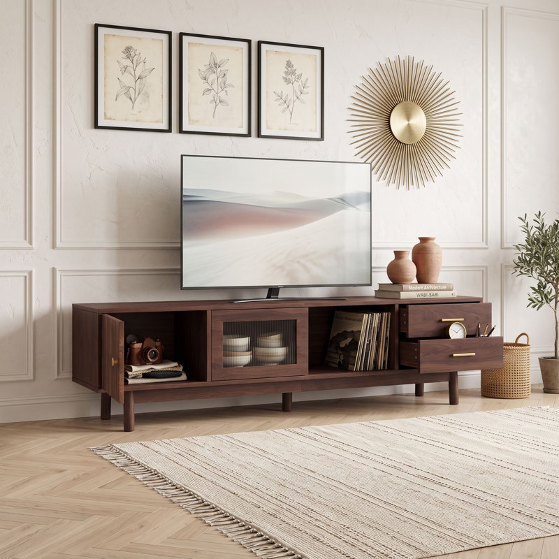 Meuble télé en bois avec 2 tiroirs, garde-robe et portes