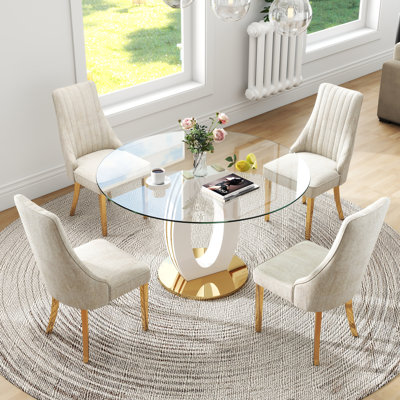 Modern Round Tempered Glass Pedestal Dining Set with Chenille Upholstery Dininig Chair