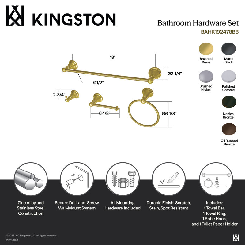 Kingston Brass American Classic 4-Piece Bathroom Hardware Set, Brushed Brass