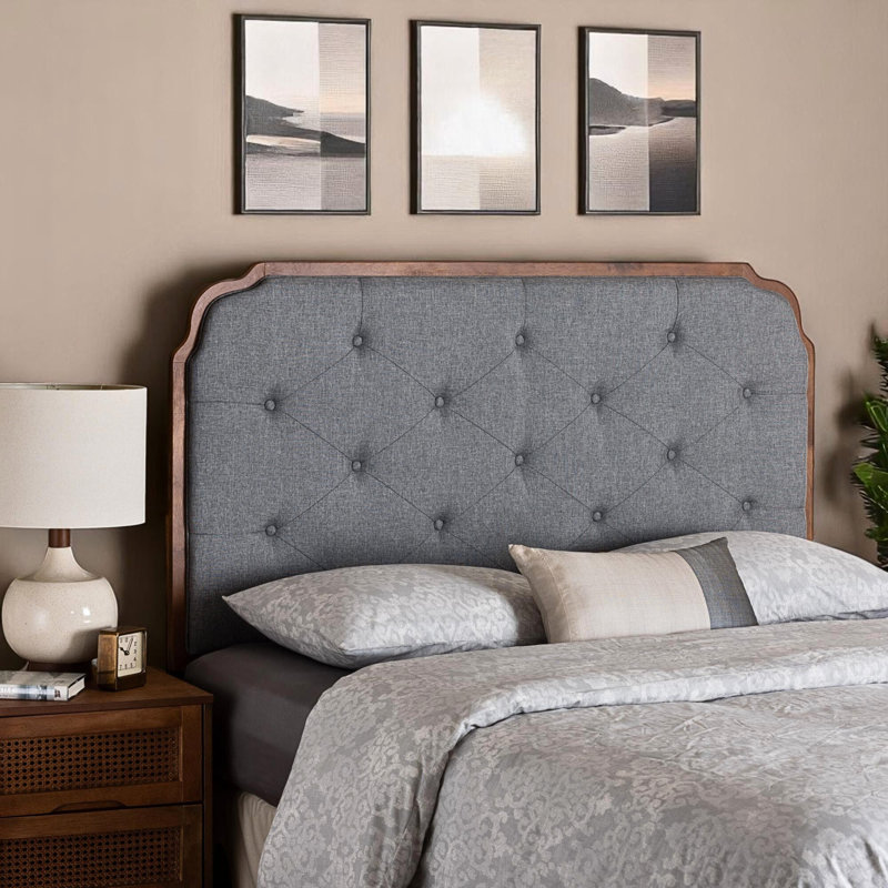 Leon king-size headboard with gray fabric and walnut brown finish, 59.88'' H X 77.95'' W X 1.12'' D