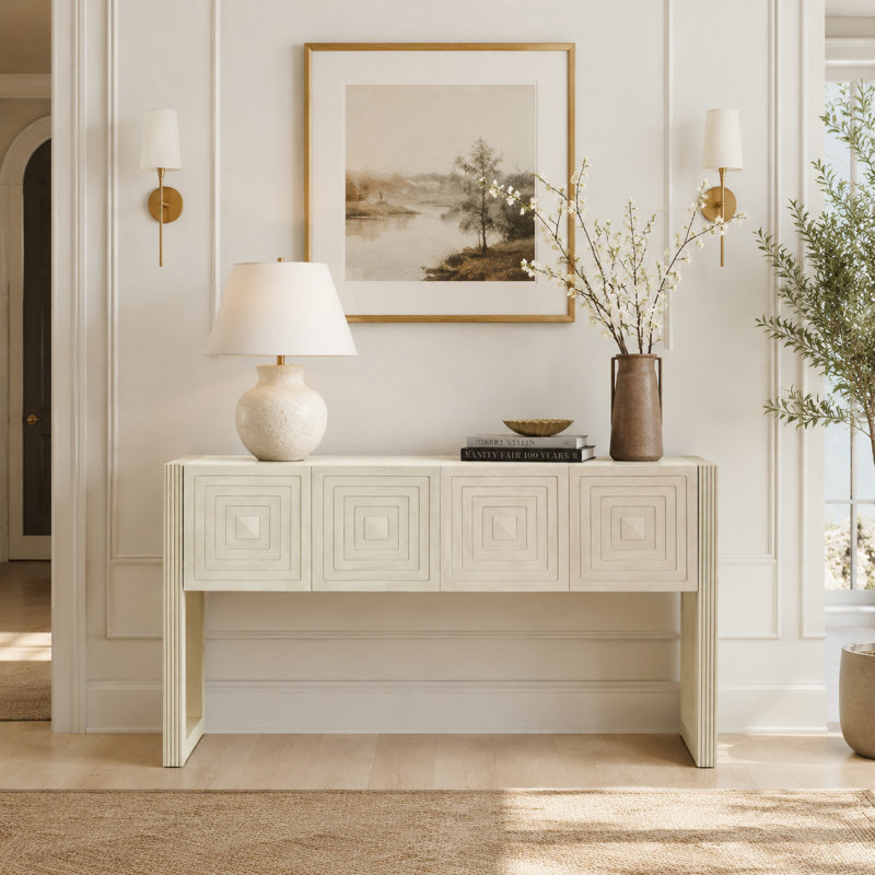 Natural Wood-Tone Entryway Console Table — Featuring Geometric Carving Detail, Three Soft-Close Drawers, And Recessed Legs — Ideal For Entryways