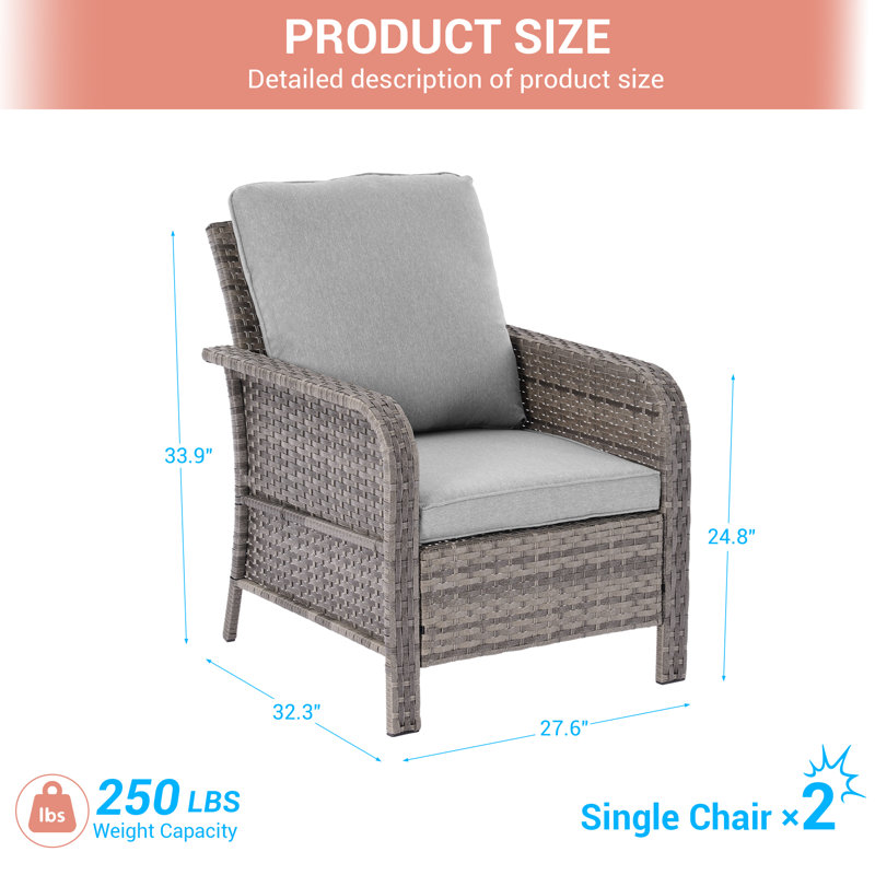 Ensemble de chaises de patio 2 pièces, ensemble de chaises en osier avec coussins épais, toutes saisons, Gris plomb