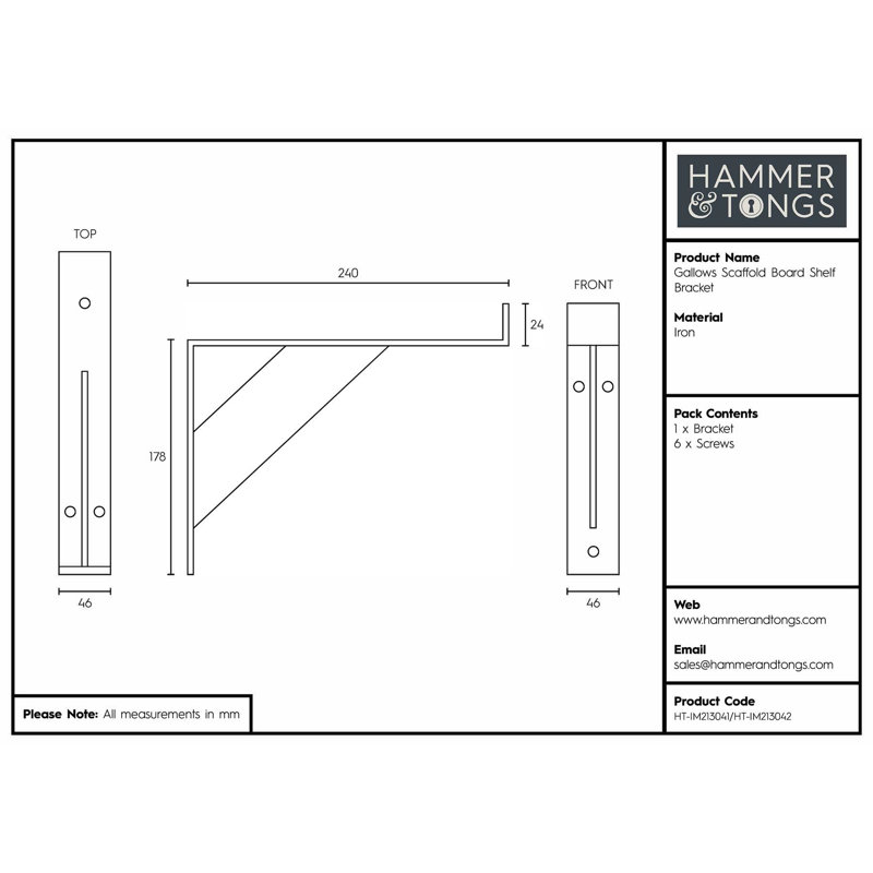 Hammer & Tongs - Gallows Style Scaffold Board Shelf Bracket - D240mm - Raw