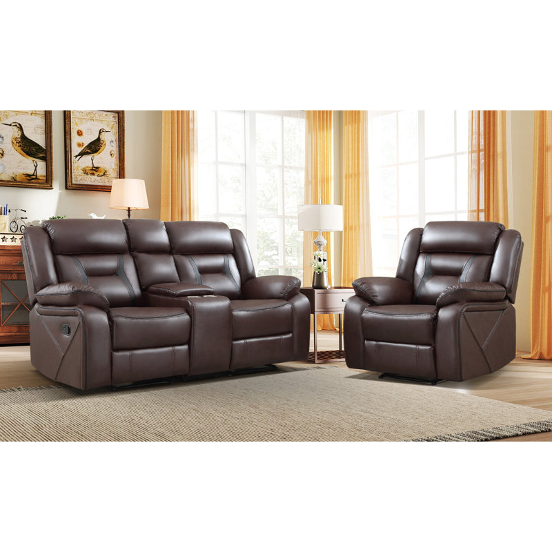 Ensemble de salon inclinable manuel 2 pièces en cuir végétalien avec console, Marron foncé