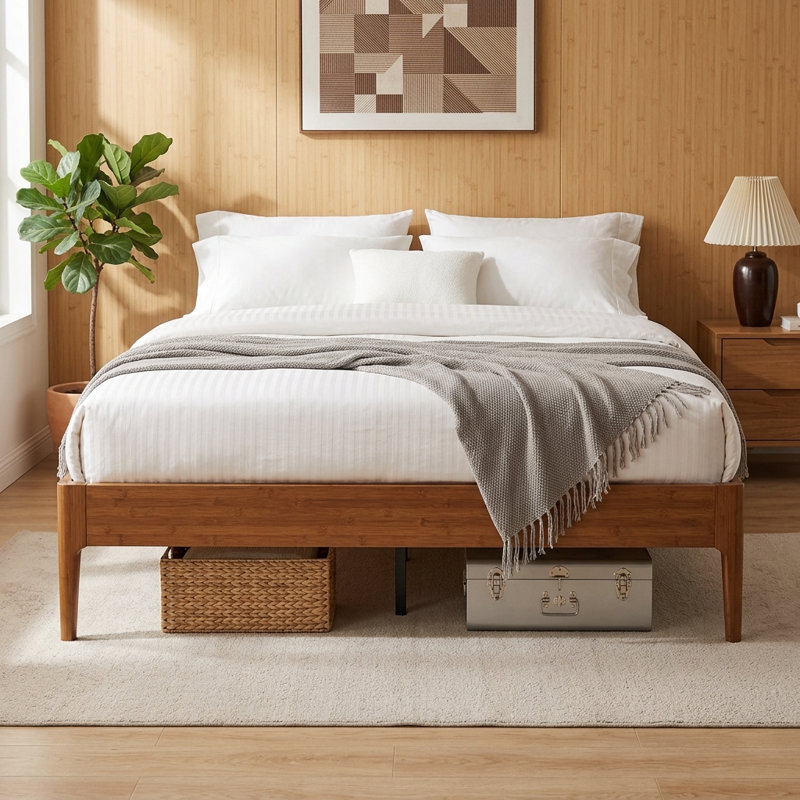 Structure de lit plateforme en bambou naturel de 15 pouces de hauteur, sans sommier, sans bruit avec rangement sous le lit