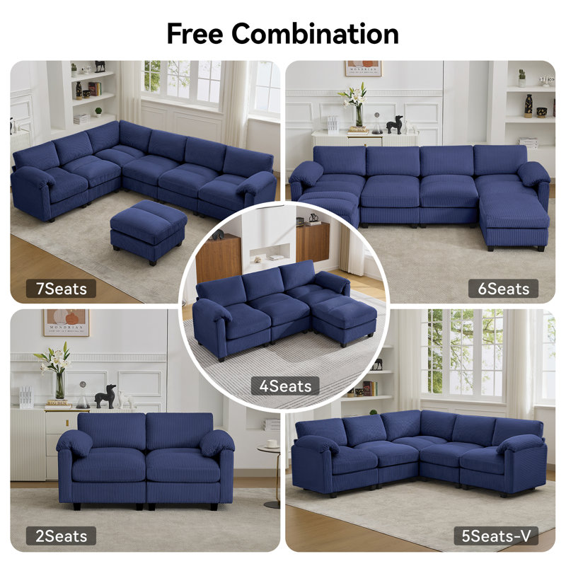 Canapé modulaire 5 places avec accoudoirs coussinés, Chenille bleu, 5 Seat