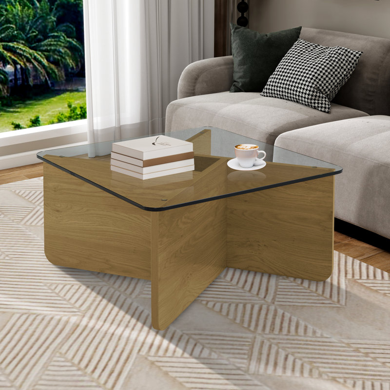 Square Coffee Table With Tempered Glass Top, Natural