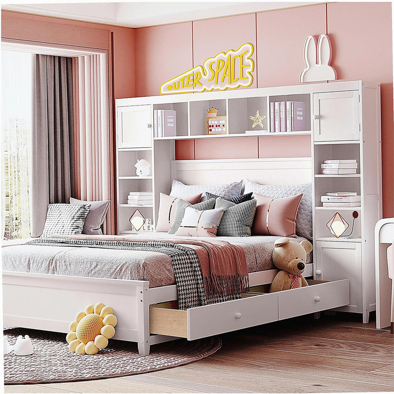 Lit double en bois avec garde-robe et tablettes intégrées, blanc