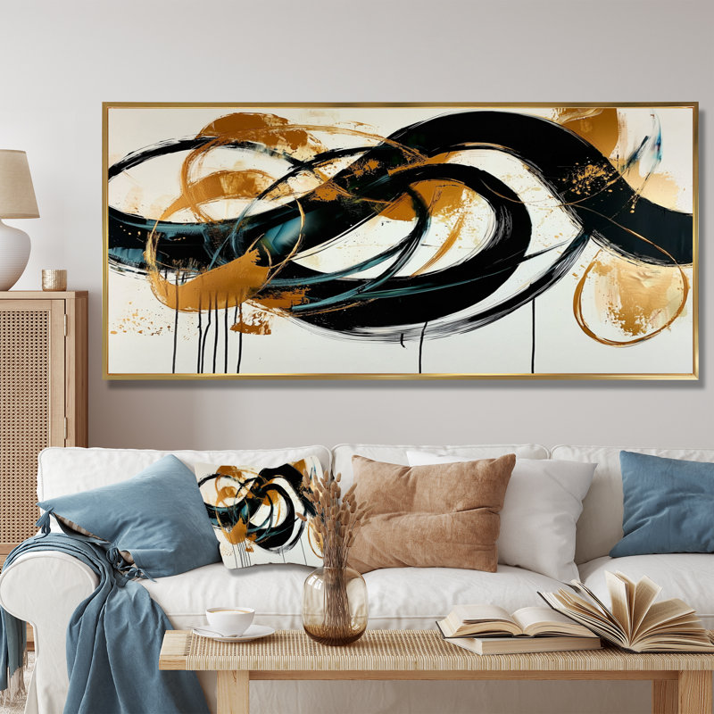 «Gold», jeu optique en spirale I noir - Constructivisme, art mural, H 28 po x l 60 po, Cadre flottant, Doré