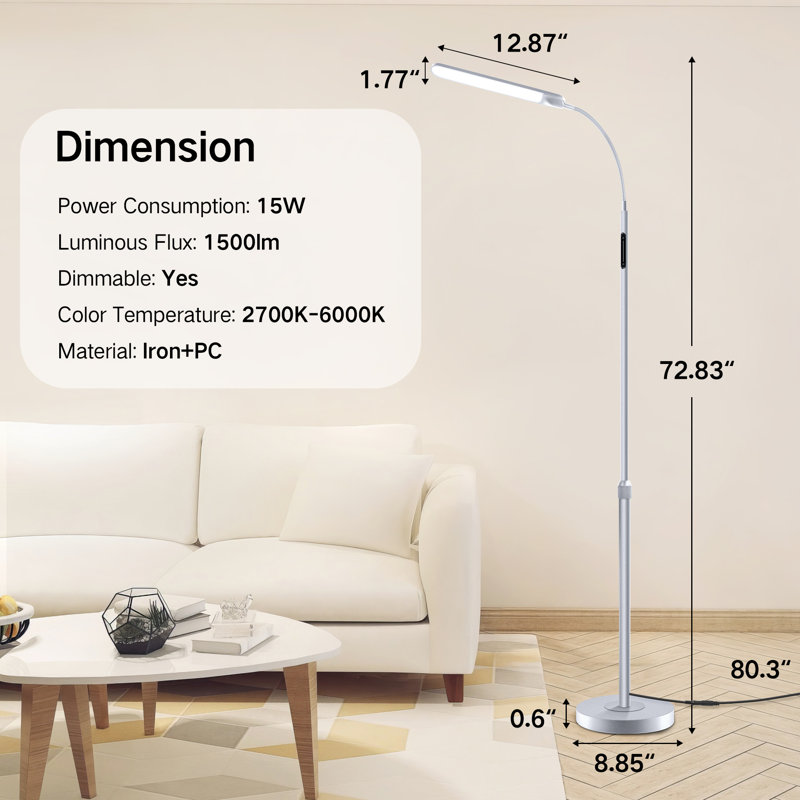 Loudean 72.8' Dimmable LED Floor Lamp with Remote Control, Adjustable Reading Floor Lamp, Silver