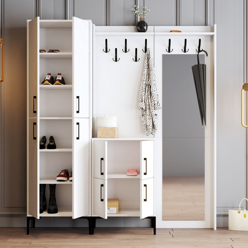 Modern Hall Stand with Coat Rack & Shelves, White, 70.9 x 78.7 x 13.8 inches | 100% Melamine Coated Particle Board, Metal Legs & Handles | Stylish Scandinavian Design, Wall-Mountable, Functional Storage Solution