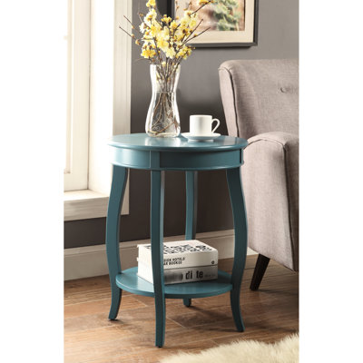 Table d'appoint turquoise avec tablette - Structure en bois composite et tablier avec rangement ouvert et pieds en bois