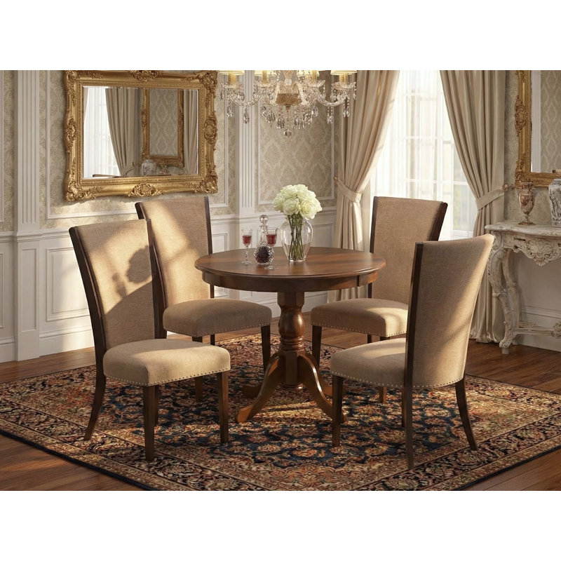 L'ensemble de table et de chaises de cuisine 5 pièces comprend une table de salle à manger ronde avec piédestal et 4 chaises Parsons en lin de couleur sable, blanc lin