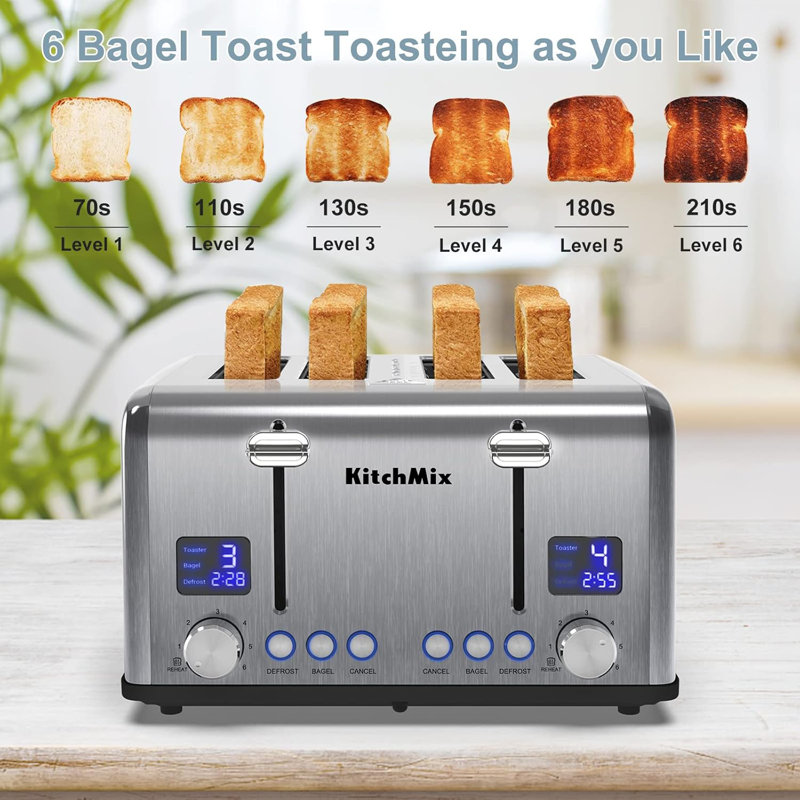 Stainless Steel 4-Slice Toaster with LCD Timer and Wide Slots