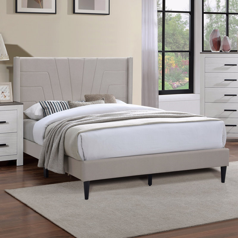 Grand lit, tête de lit tapissier en tissu de chambre à coucher 1 pièce, Marron clair