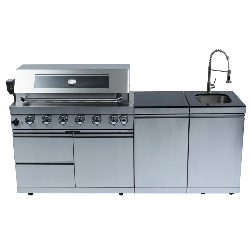 Îlot de barbecue extérieur à 6 brûleurs de 85 pouces avec comptoirs en granite, allumage électronique, plateau à graisse et support en acier inoxydable, roulettes de barbecue American Traditional, composants,