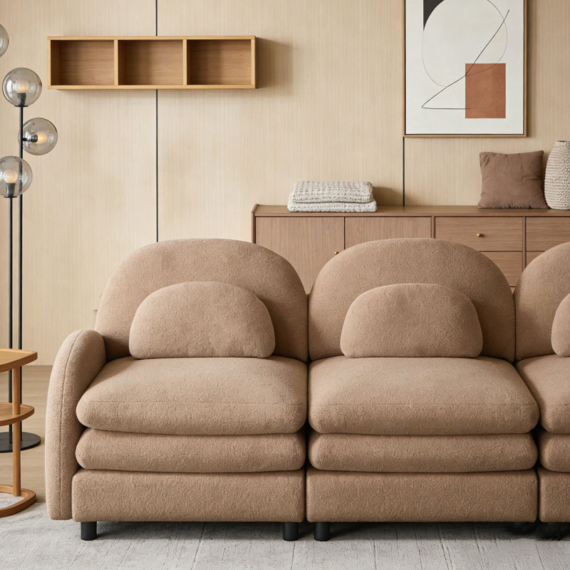 Teddy Fabric Cloud Sofa,Curved Backrest and Armrest with Curved Lumbar Pillows, Chameau + 3 sièges