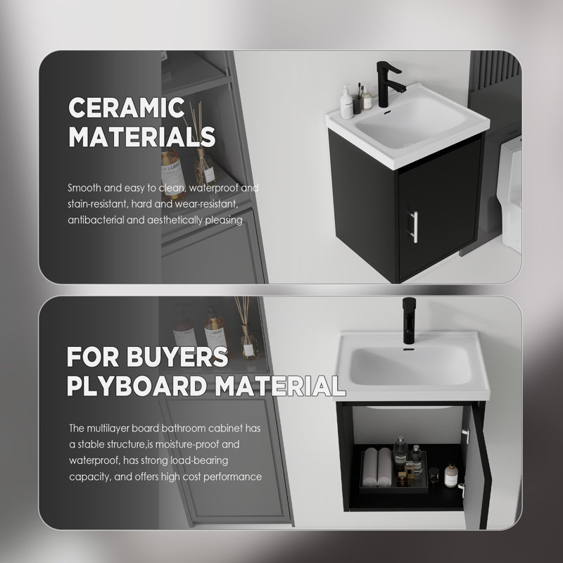 Meuble-lavabo suspendu de 40 cm avec lavabo, porte à fermeture douce, lavabo en céramique, meuble de salle de bain en contreplaqué, noir