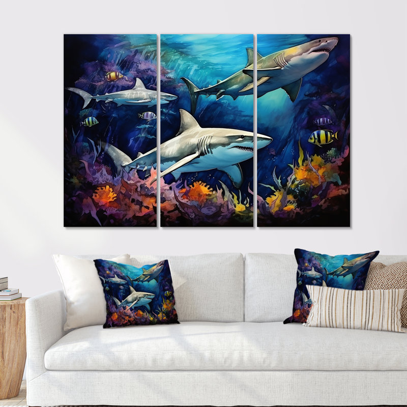 Shark Haven Under Water, ensemble d'art sur toile, H 28 po x l 36 po