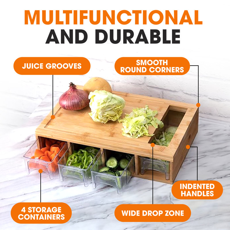 Bamboo Cutting Board with Clear Plastic Storage Trays