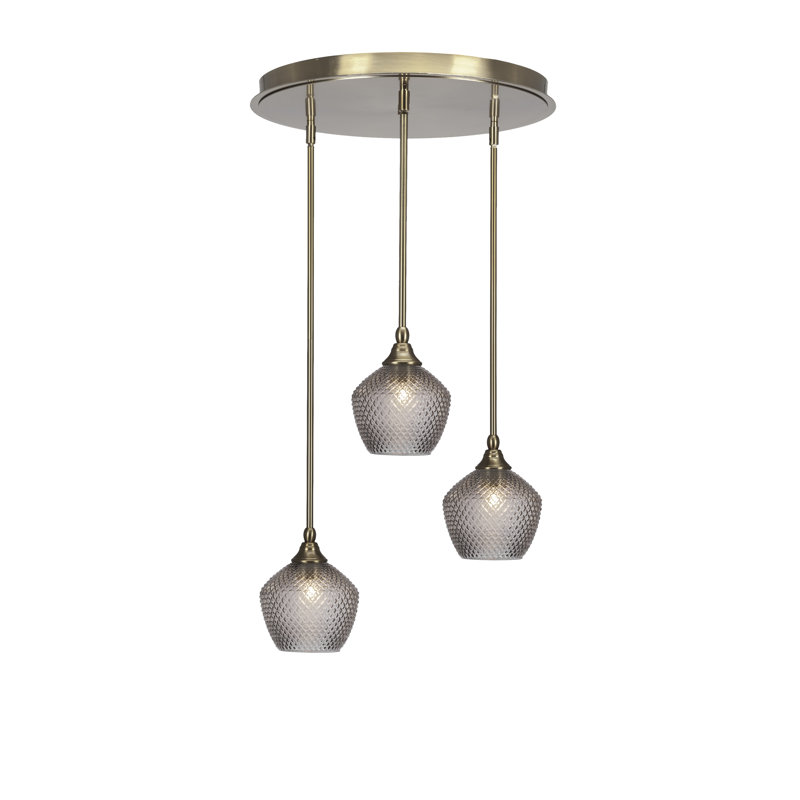Luminaire suspendu grappe suspendu 3 lumières avec verre texturé fumé 9 "Empire, Laiton New Age