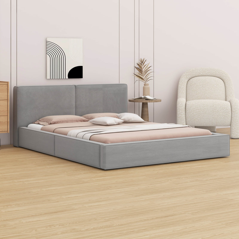Grand lit plateforme tapissier en velours grand format avec base solide, Gris