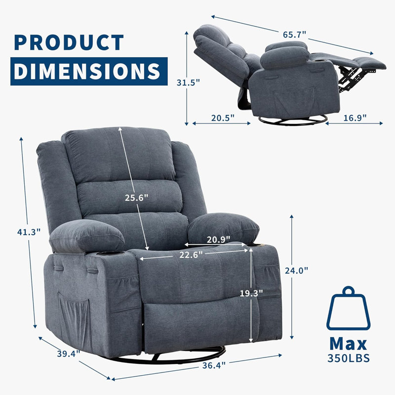 Oversized 360° Swivel Rocker Recliner Chair for Adults – Deep Seat Lounge with Cup Holders and Side Pockets – Upholstered Linen,Blue