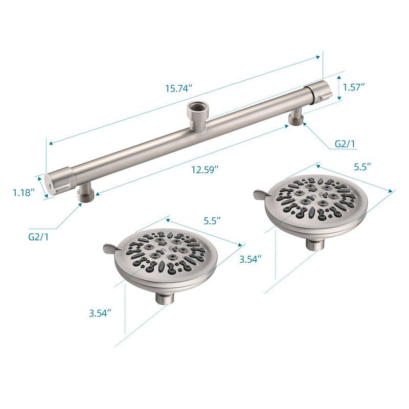 Double Shower Head with Built-in Valve, High Pressure 8 Setting Dual Shower Head Design, Brushed Nickel