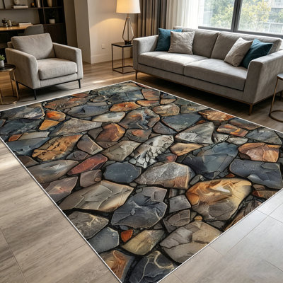 Tapis de mosaïque en pierre naturelle rustique irrégulière de 1 pièce pour le salon, doux et confortable, convient à toutes les saisons, facile à entretenir, tapis de sol intérieur lavable à la machine, sous la table de ferme convenant à l'entrée de la cuisine, à la salle à manger, à la chambre à coucher,