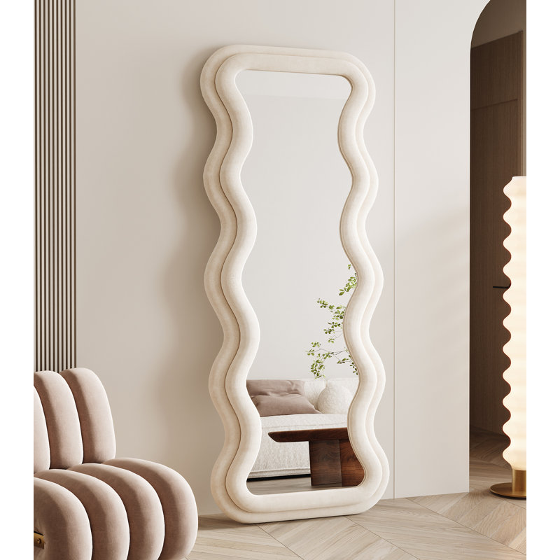 Christye  Full Length Mirror 63"x24", Irregular Wavy Mirror, Arched Floor Mirror, Wall Mirror Standing Hanging Or Leaning Against Wall For Bedroom, Flannel Wrapped Wooden Frame Mirror