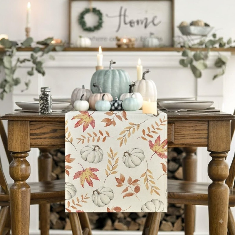 Chemin de table d'automne avec citrouilles orange et feuilles d'érable - Décoration de table de salle à manger d'automne
