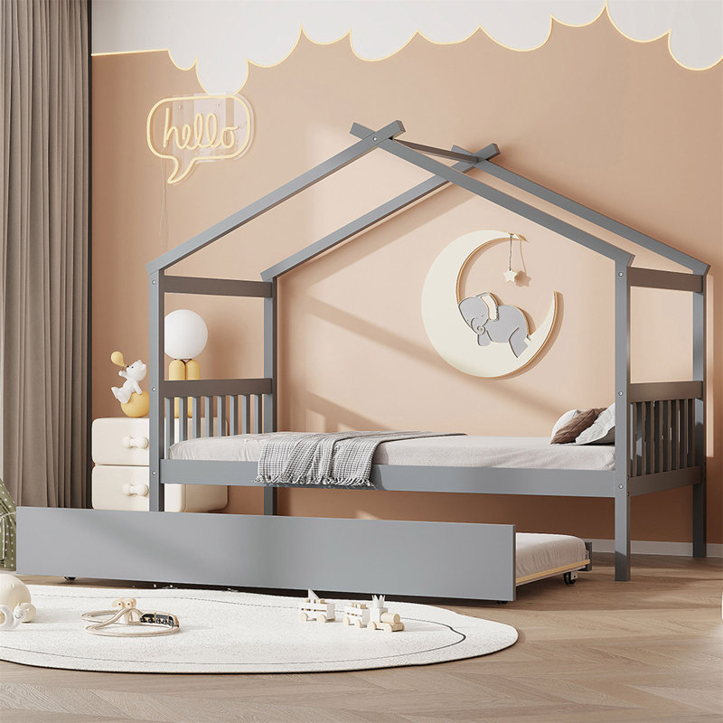 Lit simple en bois avec lit gigogne simple, gris (VIEUX SKU: WF300800AAE), Gray