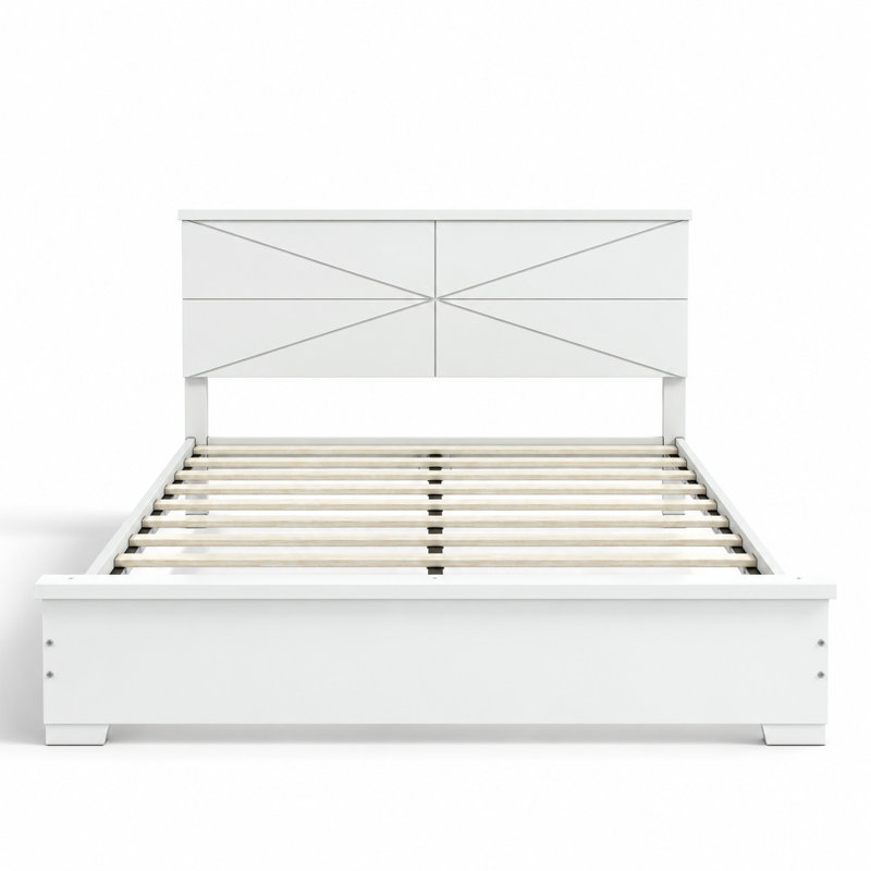 Queen Size Platform Bed with Chic Design Headboard, Sturdy Wood Slat Support