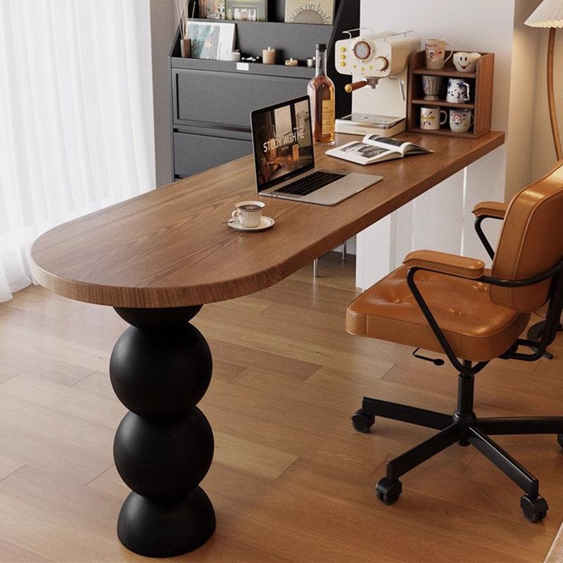 Bureau d'écriture brun en bois massif demi-cercle, H 29,53 po x l 62,99 po x P 23,62 po