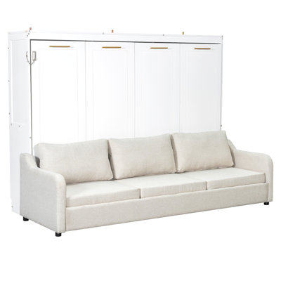Queen Size Murphy Cabinet Bed with Folding Sofa,Built-in Storage Shelves and LED Light,Beige