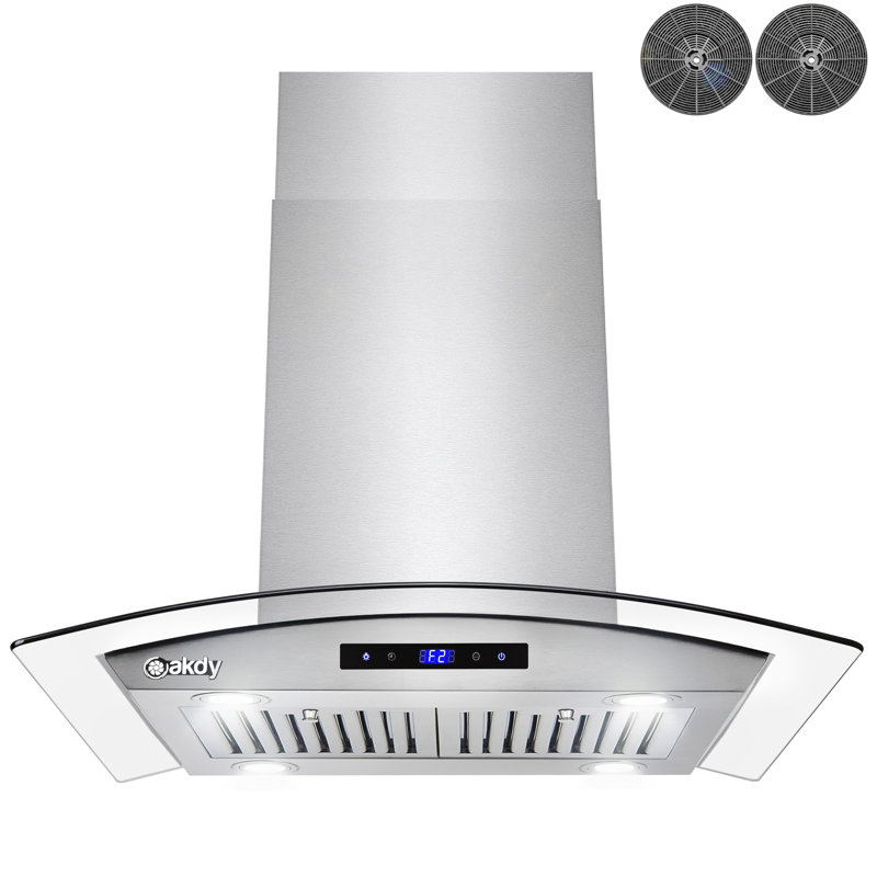 Hotte pour îlot de cuisine convertible 36 pouces avec verre trempé incurvé, 343 CFM, écran tactile, Argent