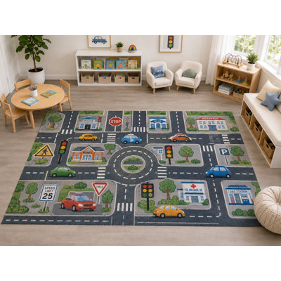 "Ultra Thin" Large 6'7" x 9'10" City Roads Kids Area Rug Carpet Soft Low Pile Indoor Rug with Non-Slip Silicone Backing, Playroom