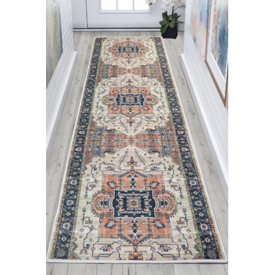 Custom Size Anti Slip Low Profile Medallion Blue Runner Rug