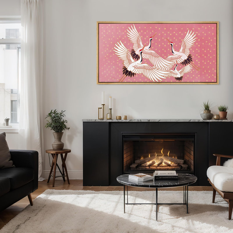 «Bright Preppy Animals Elegant Cranes In Flight», reproduction sur toile encadrée, Naturel, H 30 po x l 60 po