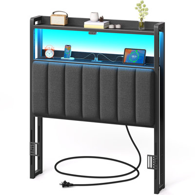 Tête de lit avec rangement réglable à DEL avec port USB de type C réglable en hauteur