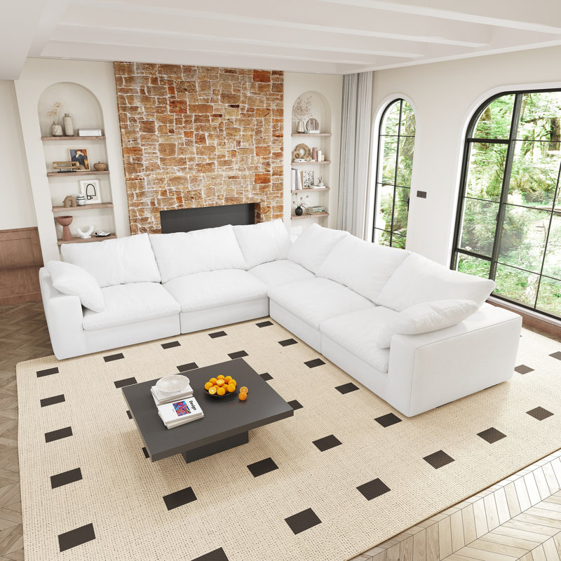 Ensemble de salon modulaire en forme de V de 160 po en forme de V rembourré de duvet, 5 places, 5 places, blanc, tissu respirant moderne
