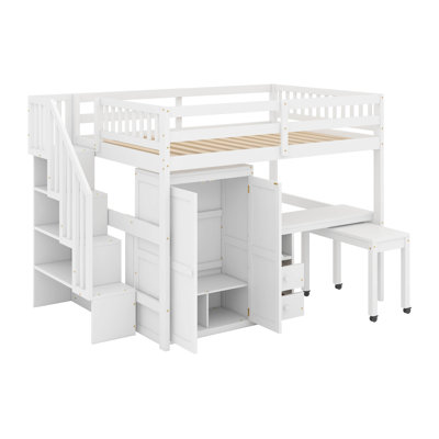Lit mezzanine double avec escalier, tiroirs, bureau et garde-robe