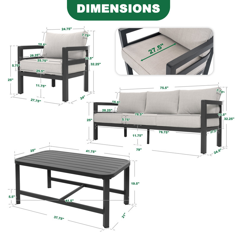 Ensemble de canapé d'extérieur en aluminium 4 pièces avec coussins épais avec fermeture à glissière