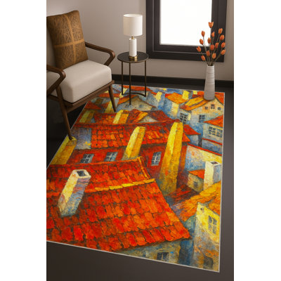Tapis bleu tissé lavable rétro Mosso