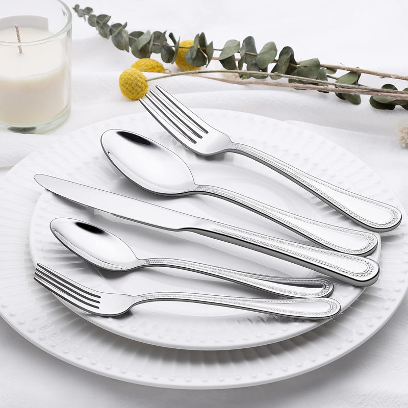 Ensemble de couverts 40 pièces en acier inoxydable 40 pièces pour 8 personnes, couverts polis miroir avec poignée perlée, vaisselle allant au lave-vaisselle pour la maison et le restaurant