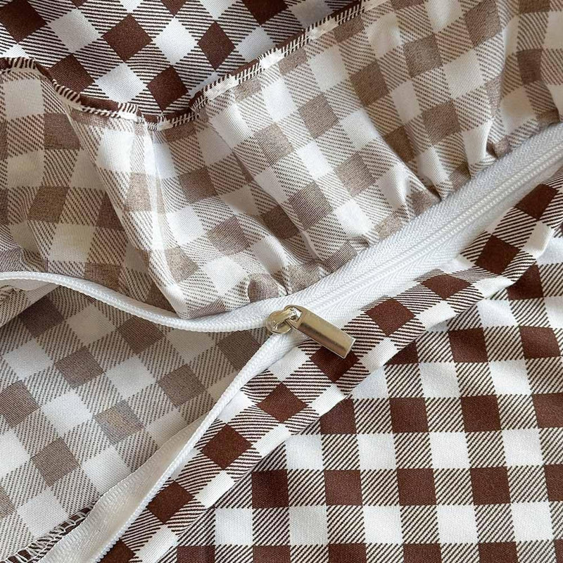 Ensemble de housse de couette à volants Gingham, ensemble de housse d'édredon à carreaux en microfibre prélavée, Guingan moka