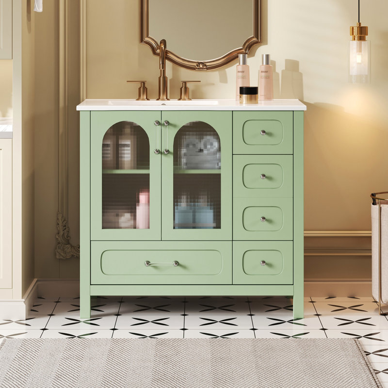 36 armoires de rangement pour salle de bain avec texture gaufrée, quatre tiroirs, deux portes en verre, double espace, couleur turquoise fraîche, poignées modernes, conception de rails coulissants lisses, rangement, revêtement, calme et doux